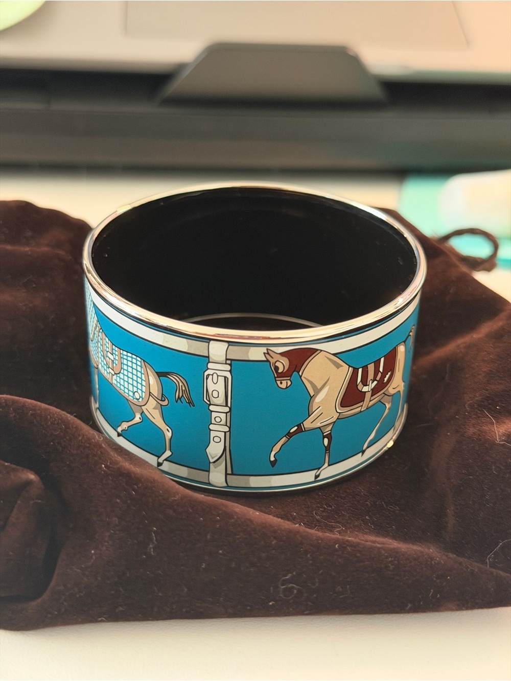 Hermes extra wide Equestrian Enamel Bangle with Horse Motif